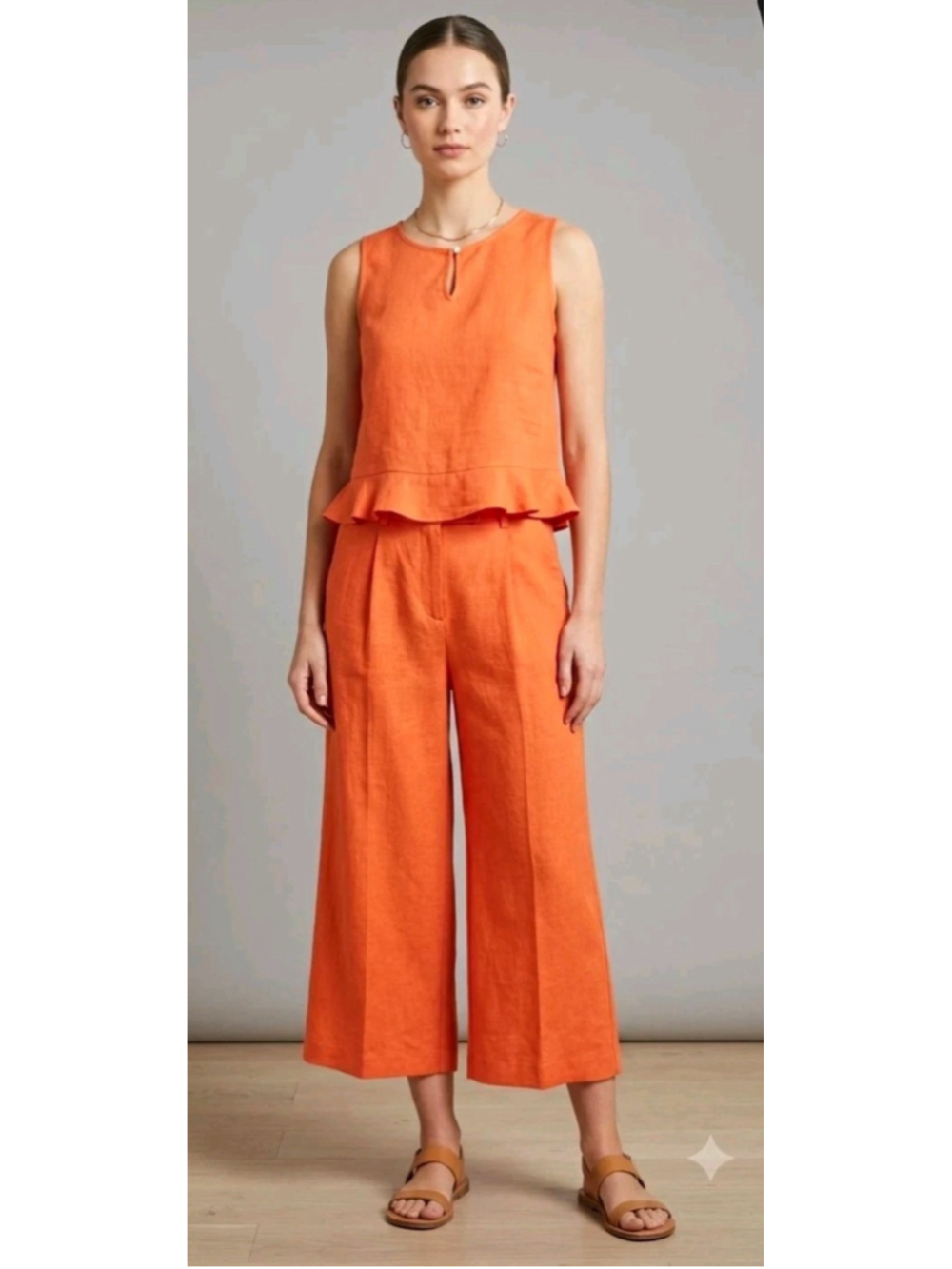 Women’s Orange 2-Piece Set XXL Solid Sleeveless Top + Wide-Leg Elastic Pants